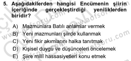 Tanzimat Dönemi Türk Edebiyatı 1 Dersi 2023 - 2024 Yılı (Final) Dönem Sonu Sınav Soruları 5. Soru