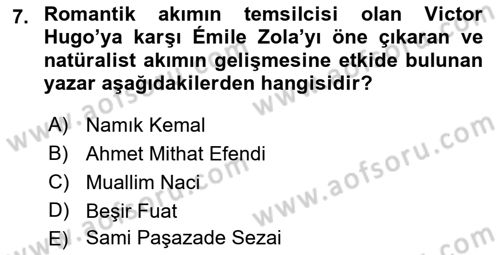 Tanzimat Dönemi Türk Edebiyatı 1 Dersi 2023 - 2024 Yılı (Final) Dönem Sonu Sınav Soruları 7. Soru