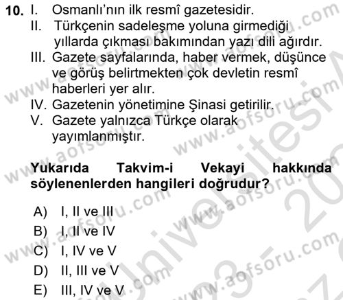Tanzimat Dönemi Türk Edebiyatı 1 Dersi 2023 - 2024 Yılı Yaz Okulu Sınav Soruları 10. Soru