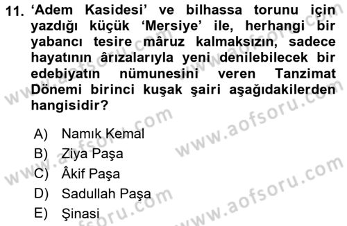 Tanzimat Dönemi Türk Edebiyatı 1 Dersi 2023 - 2024 Yılı Yaz Okulu Sınav Soruları 11. Soru