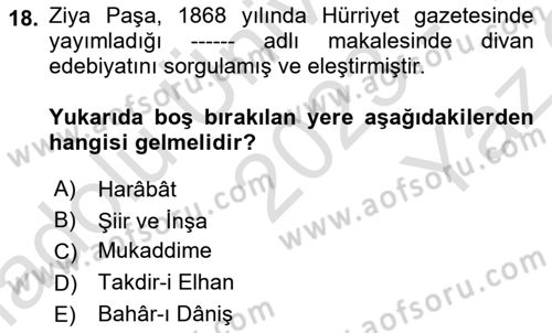 Tanzimat Dönemi Türk Edebiyatı 1 Dersi 2023 - 2024 Yılı Yaz Okulu Sınav Soruları 18. Soru