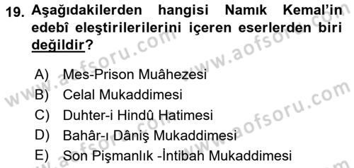 Tanzimat Dönemi Türk Edebiyatı 1 Dersi 2023 - 2024 Yılı Yaz Okulu Sınav Soruları 19. Soru