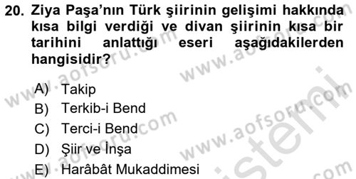 Tanzimat Dönemi Türk Edebiyatı 1 Dersi 2023 - 2024 Yılı Yaz Okulu Sınav Soruları 20. Soru