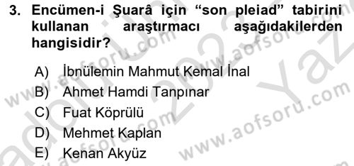Tanzimat Dönemi Türk Edebiyatı 1 Dersi 2023 - 2024 Yılı Yaz Okulu Sınav Soruları 3. Soru