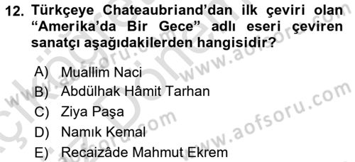 Tanzimat Dönemi Türk Edebiyatı 1 Dersi 2024 - 2025 Yılı (Vize) Ara Sınav Soruları 12. Soru