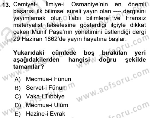 Tanzimat Dönemi Türk Edebiyatı 1 Dersi 2024 - 2025 Yılı (Vize) Ara Sınav Soruları 13. Soru