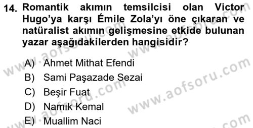 Tanzimat Dönemi Türk Edebiyatı 1 Dersi 2024 - 2025 Yılı (Vize) Ara Sınav Soruları 14. Soru