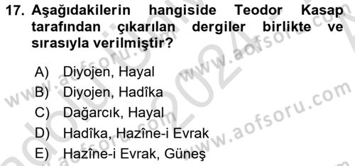 Tanzimat Dönemi Türk Edebiyatı 1 Dersi 2024 - 2025 Yılı (Vize) Ara Sınav Soruları 17. Soru