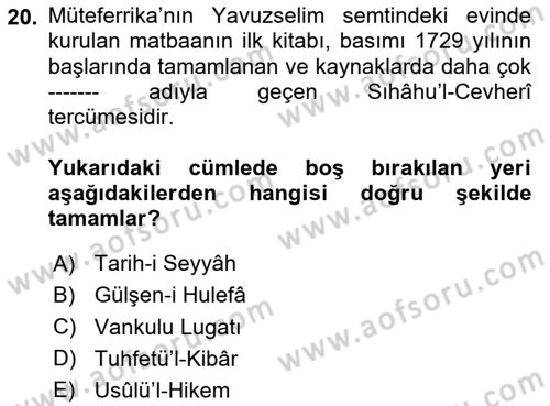 Tanzimat Dönemi Türk Edebiyatı 1 Dersi 2024 - 2025 Yılı (Vize) Ara Sınav Soruları 20. Soru
