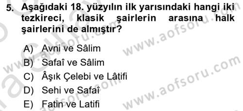 Tanzimat Dönemi Türk Edebiyatı 1 Dersi 2024 - 2025 Yılı (Vize) Ara Sınav Soruları 5. Soru