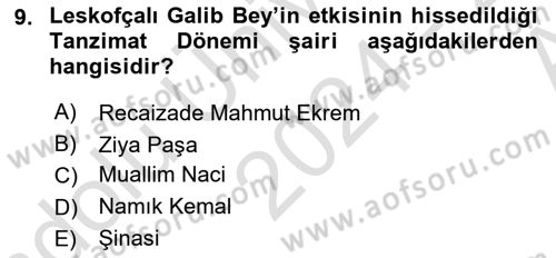 Tanzimat Dönemi Türk Edebiyatı 1 Dersi 2024 - 2025 Yılı (Vize) Ara Sınav Soruları 9. Soru