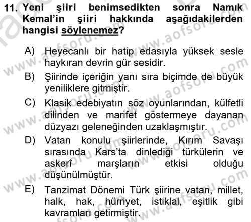 Tanzimat Dönemi Türk Edebiyatı 1 Dersi 2024 - 2025 Yılı (Final) Dönem Sonu Sınav Soruları 11. Soru