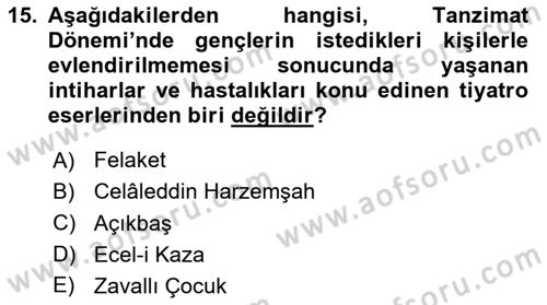 Tanzimat Dönemi Türk Edebiyatı 1 Dersi 2024 - 2025 Yılı (Final) Dönem Sonu Sınav Soruları 15. Soru
