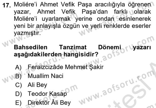 Tanzimat Dönemi Türk Edebiyatı 1 Dersi 2024 - 2025 Yılı (Final) Dönem Sonu Sınav Soruları 17. Soru