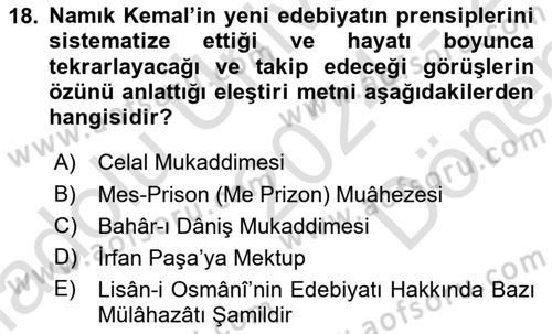 Tanzimat Dönemi Türk Edebiyatı 1 Dersi 2024 - 2025 Yılı (Final) Dönem Sonu Sınav Soruları 18. Soru