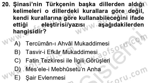 Tanzimat Dönemi Türk Edebiyatı 1 Dersi 2024 - 2025 Yılı (Final) Dönem Sonu Sınav Soruları 20. Soru