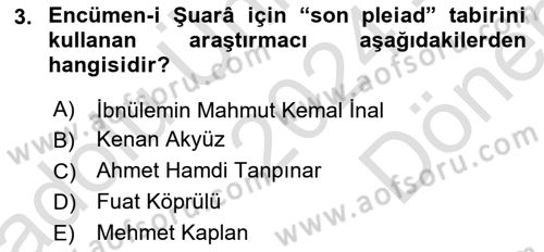 Tanzimat Dönemi Türk Edebiyatı 1 Dersi 2024 - 2025 Yılı (Final) Dönem Sonu Sınav Soruları 3. Soru