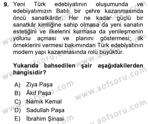 Tanzimat Dönemi Türk Edebiyatı 1 Dersi 2024 - 2025 Yılı (Final) Dönem Sonu Sınav Soruları 9. Soru