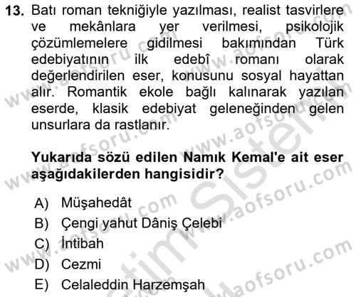 Tanzimat Dönemi Türk Edebiyatı 1 Dersi 2024 - 2025 Yılı Yaz Okulu Sınav Soruları 13. Soru