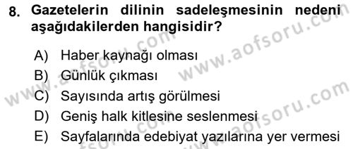 Tanzimat Dönemi Türk Edebiyatı 1 Dersi 2024 - 2025 Yılı Yaz Okulu Sınav Soruları 8. Soru