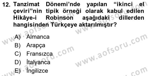 Tanzimat Dönemi Türk Edebiyatı 1 Dersi 2025 - 2026 Yılı (Vize) Ara Sınav Soruları 12. Soru