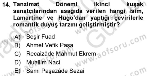 Tanzimat Dönemi Türk Edebiyatı 1 Dersi 2025 - 2026 Yılı (Vize) Ara Sınav Soruları 14. Soru