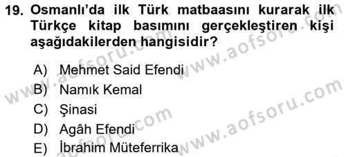 Tanzimat Dönemi Türk Edebiyatı 1 Dersi 2025 - 2026 Yılı (Vize) Ara Sınav Soruları 19. Soru