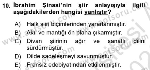 Tanzimat Dönemi Türk Edebiyatı 1 Dersi 2025 - 2026 Yılı (Final) Dönem Sonu Sınav Soruları 10. Soru