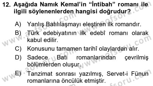 Tanzimat Dönemi Türk Edebiyatı 1 Dersi 2025 - 2026 Yılı (Final) Dönem Sonu Sınav Soruları 12. Soru