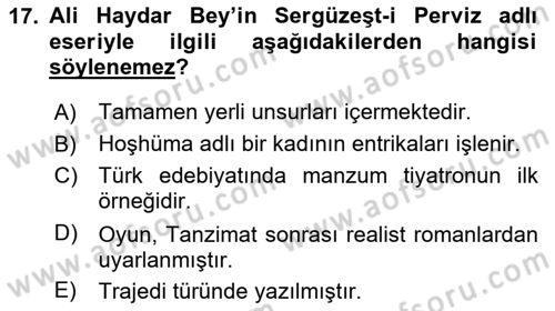 Tanzimat Dönemi Türk Edebiyatı 1 Dersi 2025 - 2026 Yılı (Final) Dönem Sonu Sınav Soruları 17. Soru