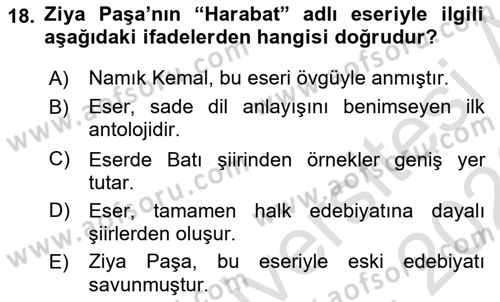 Tanzimat Dönemi Türk Edebiyatı 1 Dersi 2025 - 2026 Yılı (Final) Dönem Sonu Sınav Soruları 18. Soru