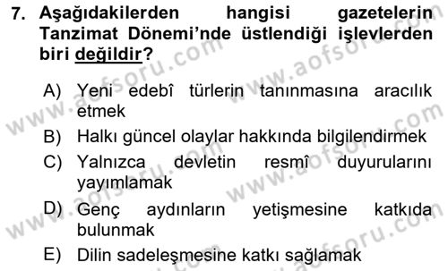 Tanzimat Dönemi Türk Edebiyatı 1 Dersi 2025 - 2026 Yılı (Final) Dönem Sonu Sınav Soruları 7. Soru