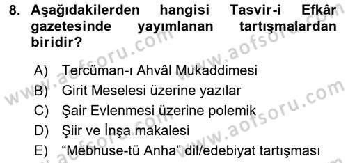 Tanzimat Dönemi Türk Edebiyatı 1 Dersi 2025 - 2026 Yılı (Final) Dönem Sonu Sınav Soruları 8. Soru