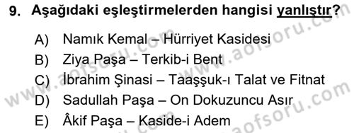 Tanzimat Dönemi Türk Edebiyatı 1 Dersi 2025 - 2026 Yılı (Final) Dönem Sonu Sınav Soruları 9. Soru