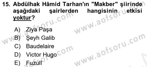 Tanzimat Dönemi Türk Edebiyatı 2 Dersi 2017 - 2018 Yılı (Vize) Ara Sınav Soruları 15. Soru