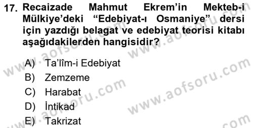 Tanzimat Dönemi Türk Edebiyatı 2 Dersi 2017 - 2018 Yılı (Vize) Ara Sınav Soruları 17. Soru