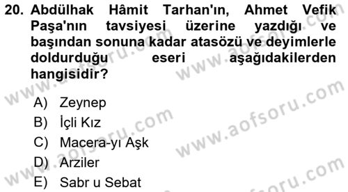 Tanzimat Dönemi Türk Edebiyatı 2 Dersi 2017 - 2018 Yılı (Vize) Ara Sınav Soruları 20. Soru