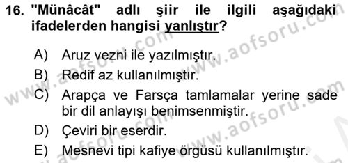 Tanzimat Dönemi Türk Edebiyatı 2 Dersi 2017 - 2018 Yılı (Final) Dönem Sonu Sınav Soruları 16. Soru