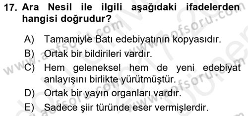 Tanzimat Dönemi Türk Edebiyatı 2 Dersi 2017 - 2018 Yılı (Final) Dönem Sonu Sınav Soruları 17. Soru