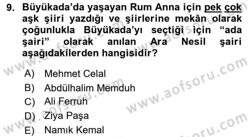 Tanzimat Dönemi Türk Edebiyatı 2 Dersi 2017 - 2018 Yılı (Final) Dönem Sonu Sınav Soruları 9. Soru