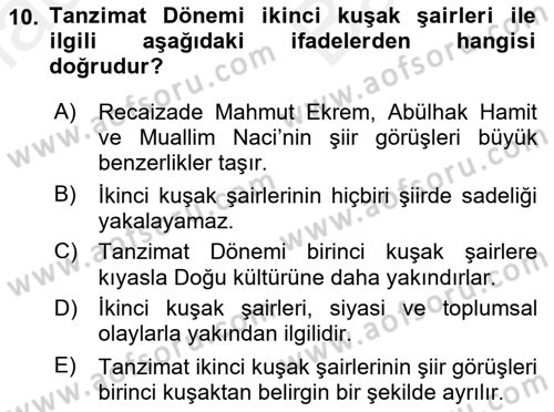 Tanzimat Dönemi Türk Edebiyatı 2 Dersi 2018 - 2019 Yılı (Vize) Ara Sınav Soruları 10. Soru