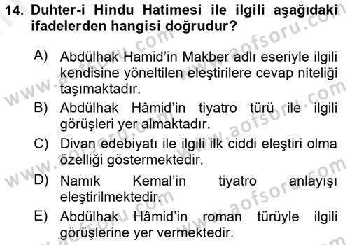 Tanzimat Dönemi Türk Edebiyatı 2 Dersi 2018 - 2019 Yılı (Vize) Ara Sınav Soruları 14. Soru