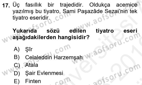 Tanzimat Dönemi Türk Edebiyatı 2 Dersi 2018 - 2019 Yılı (Vize) Ara Sınav Soruları 17. Soru