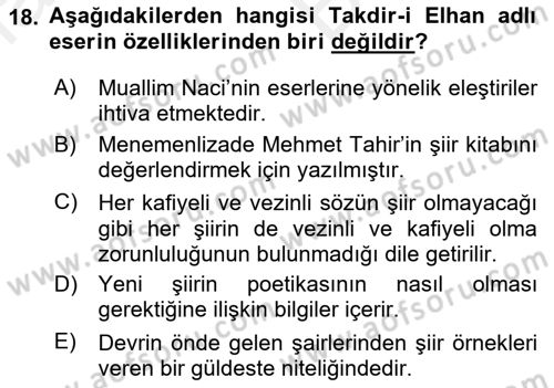 Tanzimat Dönemi Türk Edebiyatı 2 Dersi 2018 - 2019 Yılı (Vize) Ara Sınav Soruları 18. Soru