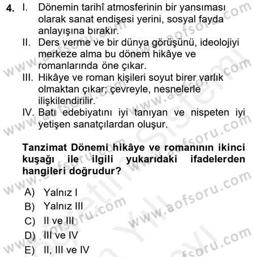 Tanzimat Dönemi Türk Edebiyatı 2 Dersi 2018 - 2019 Yılı (Vize) Ara Sınavı 4. Soru