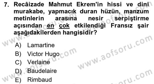 Tanzimat Dönemi Türk Edebiyatı 2 Dersi 2018 - 2019 Yılı (Vize) Ara Sınav Soruları 7. Soru