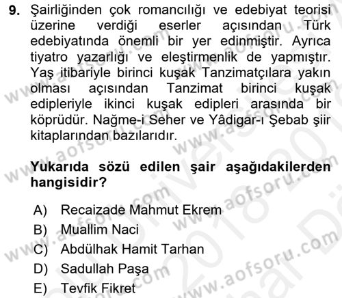 Tanzimat Dönemi Türk Edebiyatı 2 Dersi 2018 - 2019 Yılı (Vize) Ara Sınav Soruları 9. Soru