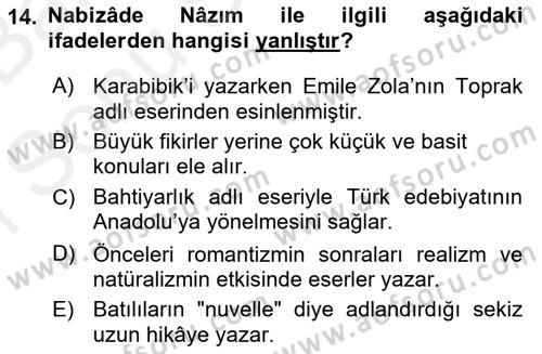 Tanzimat Dönemi Türk Edebiyatı 2 Dersi 2018 - 2019 Yılı (Final) Dönem Sonu Sınavı 14. Soru