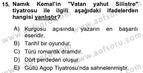 Tanzimat Dönemi Türk Edebiyatı 2 Dersi 2018 - 2019 Yılı (Final) Dönem Sonu Sınav Soruları 15. Soru