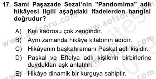 Tanzimat Dönemi Türk Edebiyatı 2 Dersi 2018 - 2019 Yılı (Final) Dönem Sonu Sınav Soruları 17. Soru